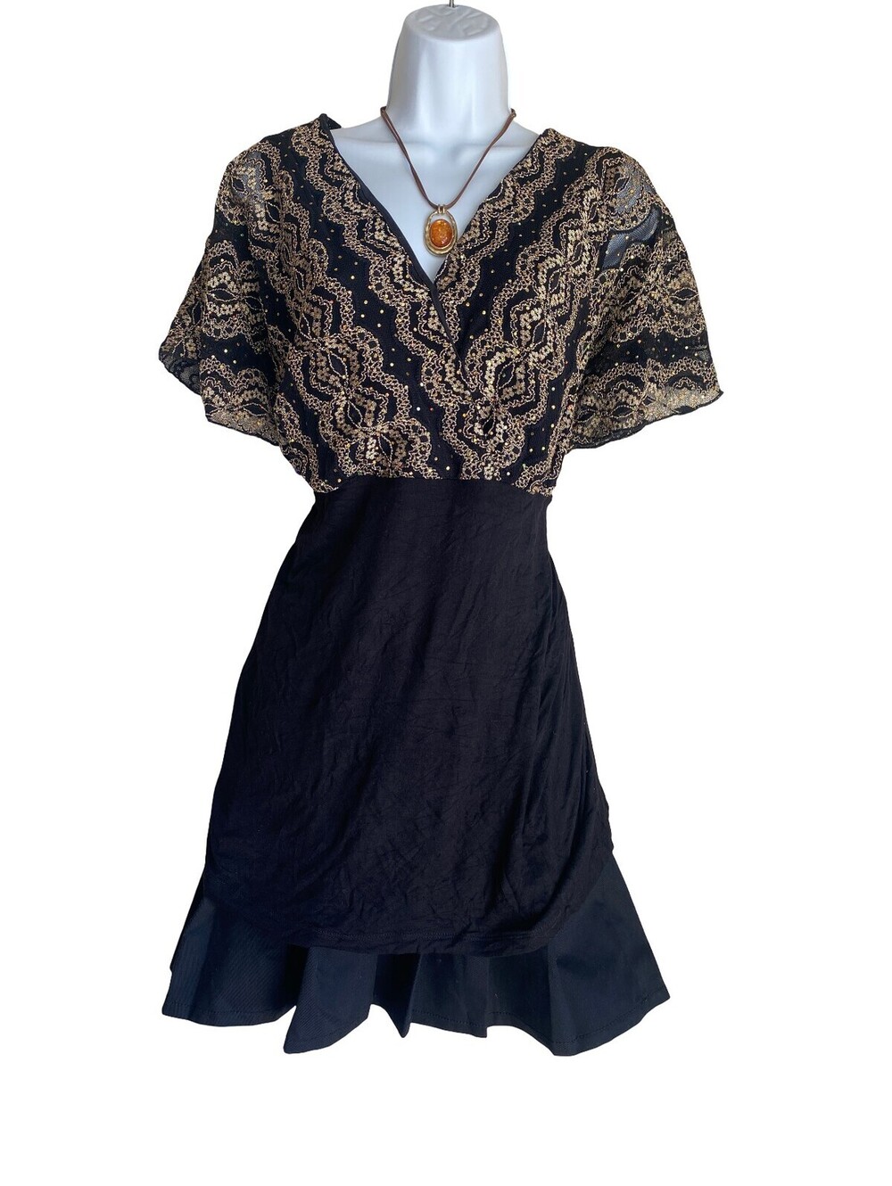 Y2K Fashion Bug Plus 0X Black Gold Lace Flutter Sleeve Whimsigoth Goth Tunic Top